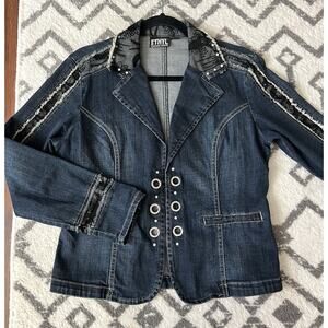 ETHYL Vintage Y2K Blk Net Embroidered Rhinestone Fitted Denim Jean Jacket Sz M